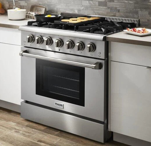 Thor Kitchen 36 in. Natural Gas Burner/Electric Oven Range in Stainless Steel, HRD3606U | HRD3606ULP