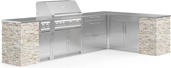 NewAge- Outdoor Kitchen Signature Series 11 Piece L Shape Cabinet Set with 40 in. Platinum Grill, Dual Side Burner, 3 Drawer and Bar Cabinet