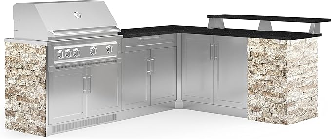 NewAge- Outdoor Kitchen Signature Series 8 Piece L Shape Cabinet Set With Bar and 2 Door, Platinum Grill (Black Galaxy)