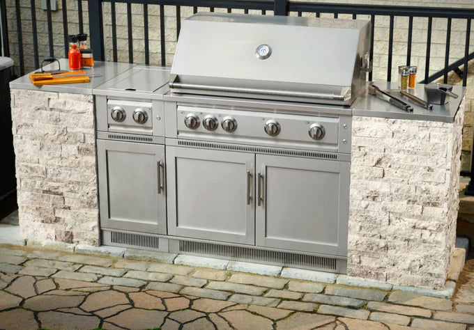 NewAge- Outdoor Kitchen Signature Series 8 Piece L Shape Cabinet Set With 40 in. Platinum Grill, 2 door and Bar Cabinet