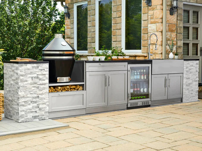 NewAge- Outdoor Kitchen Signature Series 8 Piece L Shape Cabinet Set With Bar and 2 Door, Platinum Grill (Black Galaxy)